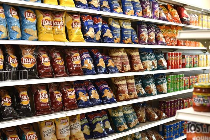 A variety of bags of chips displayed on shelves