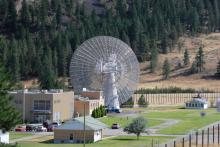 Exterior view of the Dominion Radio Astrophysical Observatory (DRAO) Facility and 26m Telescope