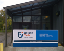 Signage at an entrance of a building: Ontario Tech University, Clean Energy Research Laboratory, 90 Founders Drive