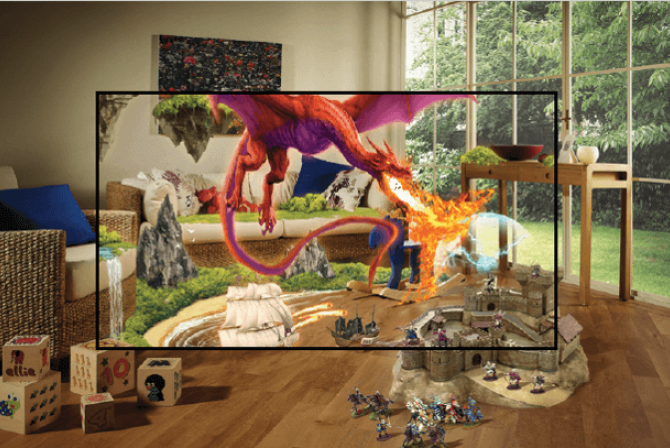 Augmented reality image adding a dragon to a residential living room