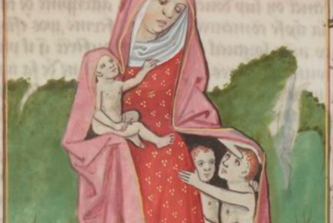 Illustration of a person with three children within her shawl