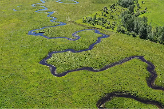 View from the sky of a river snaking through green pasture.