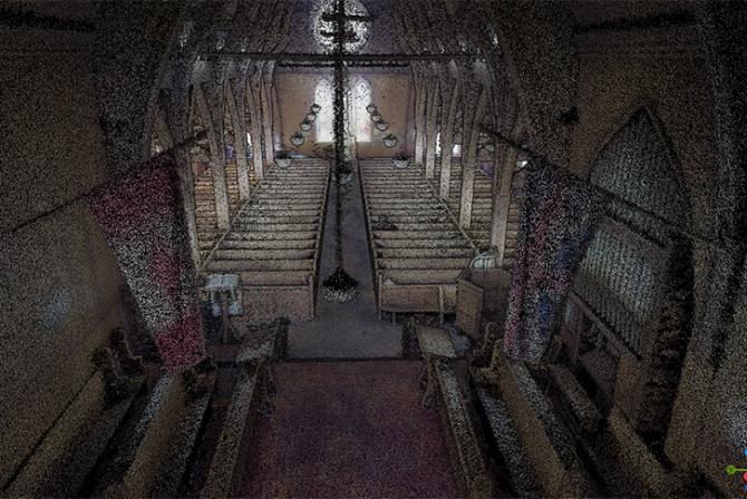 A colorized point cloud of the inside of a chapel.