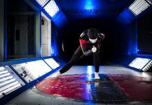 Human replica test subject mimicking athletic performance in the 2 m x 3 m wind tunnel