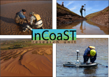 In_CoaST logo surrounded by four photos showcasing aspects of field work conducted by the lab.