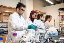Quatre étudiants travaillent avec du matériel dans un laboratoire.