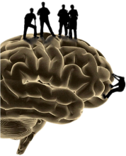 Graphic of various human silhouettes standing on a brain