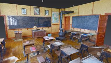 A colorized point cloud of the inside of a schoolhouse. 